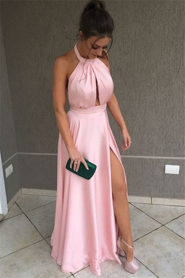 Romactic Pink Halter Side-Slit Prom Dress UKes UK Sexy Sleeveless Elegant Evening Dress UKes UK with Keyhole-27Dress.co.uk