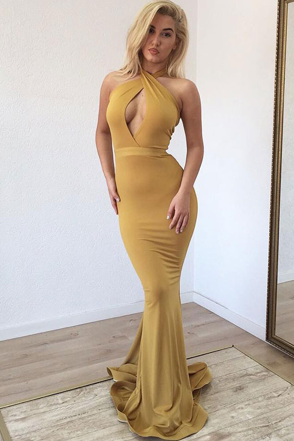 Cross Halter Keyhole Neckline Mermaid Formal Dresses