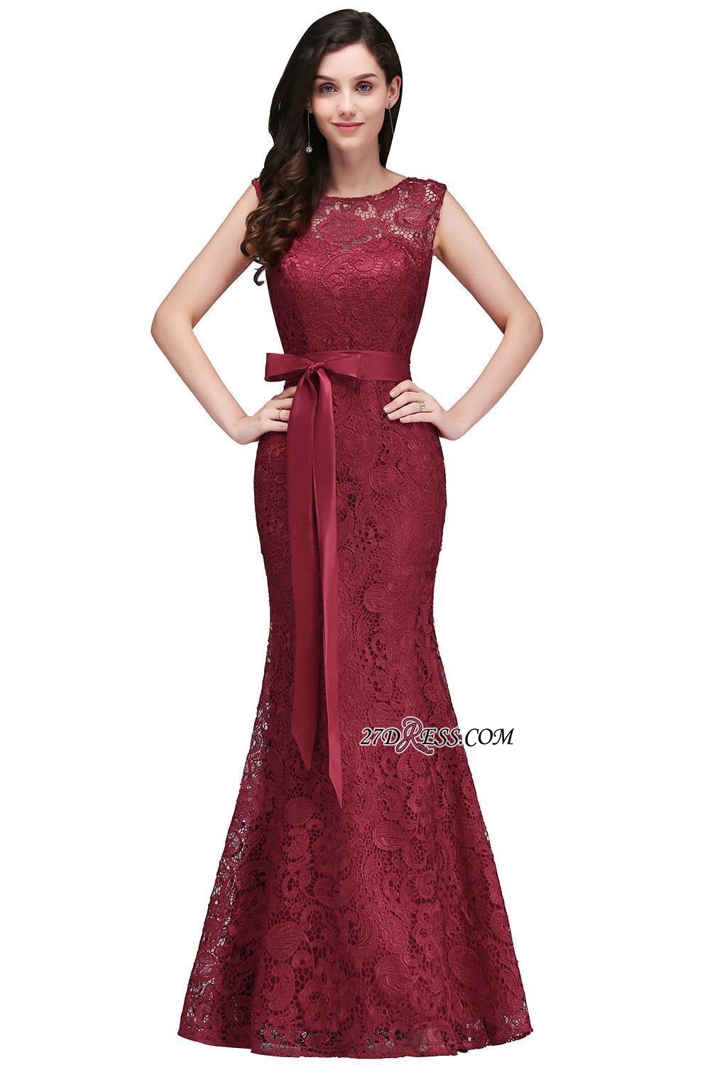 Bowknot-Sash Lace Floor-Length Burgundy Sleeveless Mermaid Prom Dress UKes UK