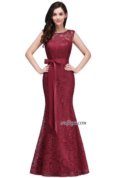 Bowknot-Sash Lace Floor-Length Burgundy Sleeveless Mermaid Prom Dress UKes UK