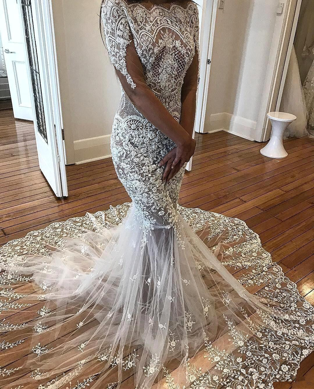 Sexy Mermaid Long Sleeve Lace Wedding Dress | Flowers See Through Tulle Bride Dress