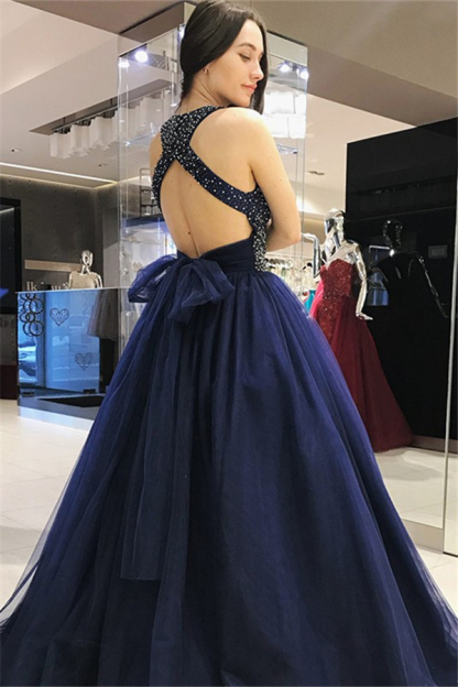 Sexy Halter Crystal Bow-knot Open Back Prom Dress UKes UK Ball Gown Sleeveless Elegant Evening Dress UKes UK
