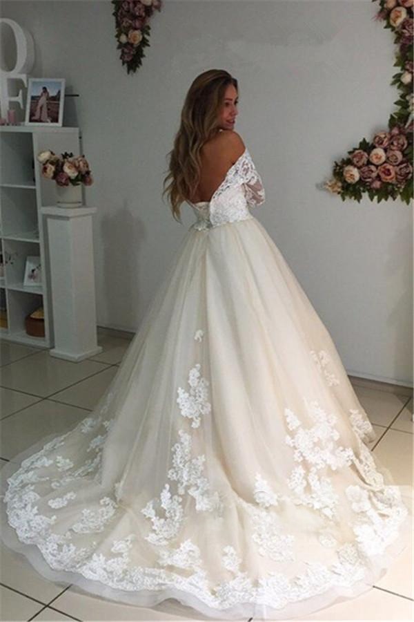 Backless Appliques Lace Long A-Line Sleeves Ivory Tulle Wedding Dresses UK
