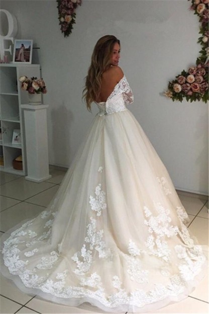 Backless Appliques Lace Long A-Line Sleeves Ivory Tulle Wedding Dresses UK