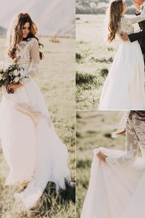 Long Sleeves Floor-Length Applique Tulle A-Line Scoop Neckline Wedding Dresses UK