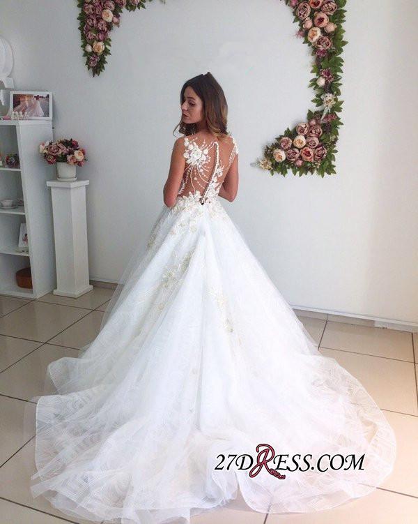 A-Line Beach Court-Train White Lace Tulle Appliques Wedding Dresses UK