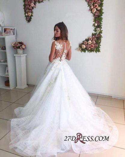 A-Line Beach Court-Train White Lace Tulle Appliques Wedding Dresses UK