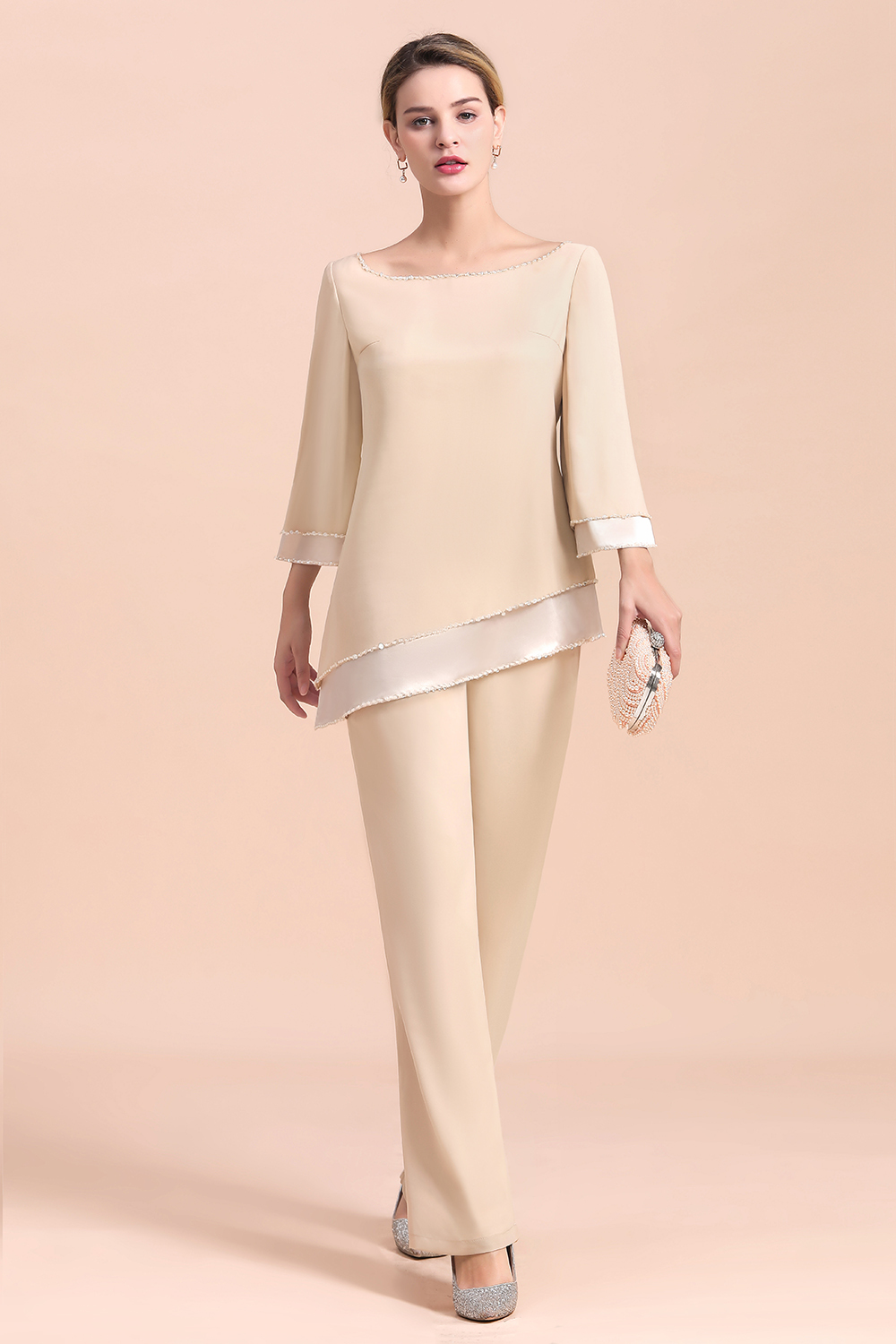Round-Neck Champagne Chiffon Mother of Bride Jumpsuit for Wedding Guest