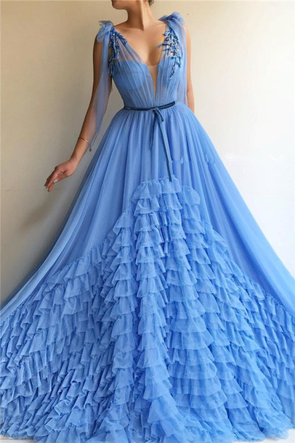 Tulle Deep V-Neck Blue Sexy Evening Dress UK | Sleeveless Layers Long Prom Dress with Sash