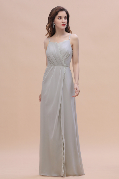 Spaghetti Straps Chiffon Lace Bridesmaid Dress Front Slit Wedding Guest Dress