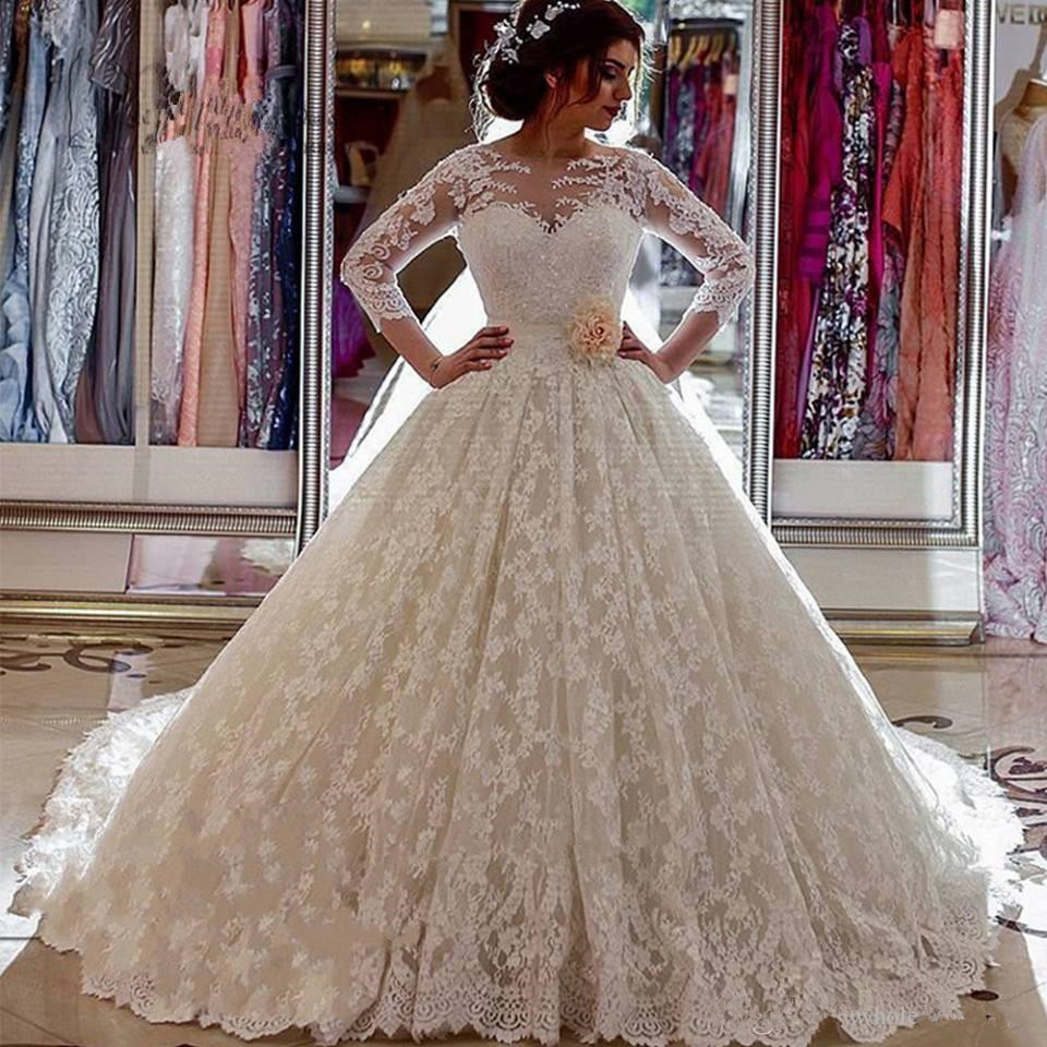 Vintage Illusion Arabic Church-Train Sleeves Sheer Lace Long Ball-Gown Wedding Dress