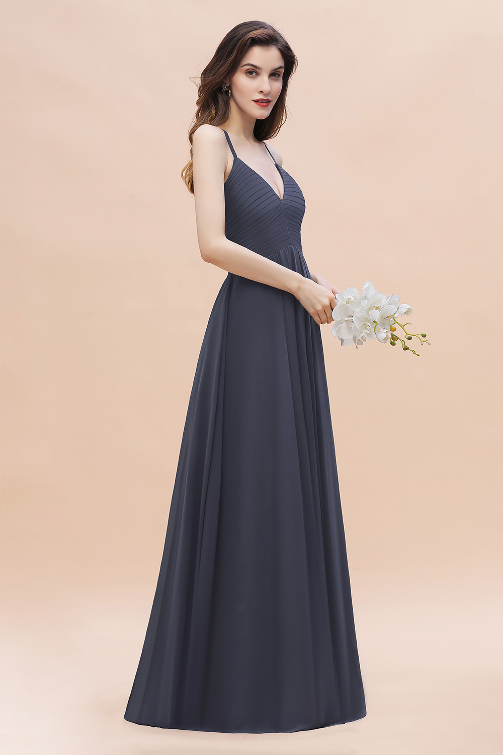 Elegant V-Neck Straple A-line Bridesmaid Dress Dusk Chiffon Wedding Guest Dress