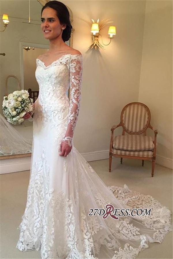 Court-Train Lace Long-Sleeve Sheath V-neck Off-the-shoulder Wedding Dresses UK BA4066