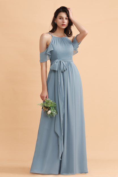 Elegant Cold Shoulder Dusty Blue Bridesmaid Dress Ruched Chiffon Long Wedding Guest Dress