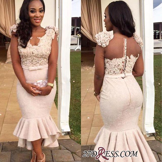 Mermaid Appliques Simple Sleevelss Buttons Hi-Lo Lace Prom Dress UK BA4670 BK0
