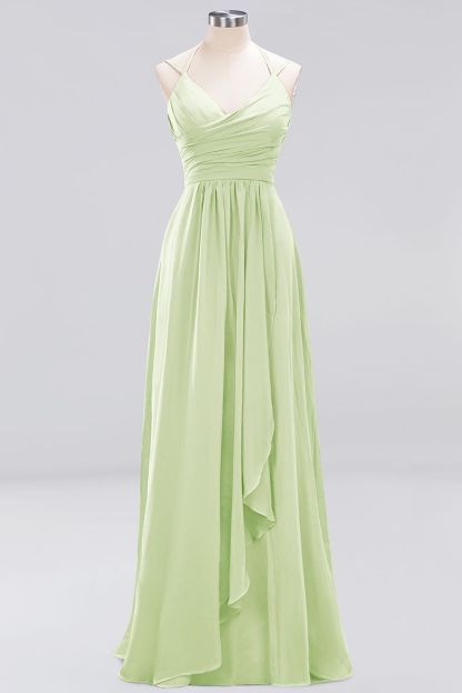 A-line Sleeveless Ruffles Chiffon Floor-Length Bridesmaid Dresses with Straps