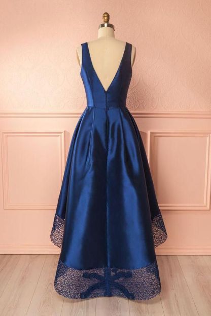 Sexy Thick Satin Straps Prom Dress UKes UK Hi-Lo Lace Sleeveless Evening Dress UKes UK