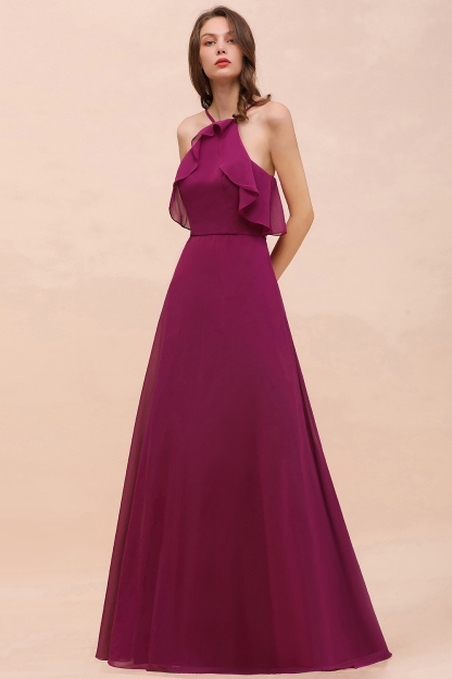 Chic Halter Chiffon Long Bridesmaid Dress Mulberry A-line Wedding Guest Dress