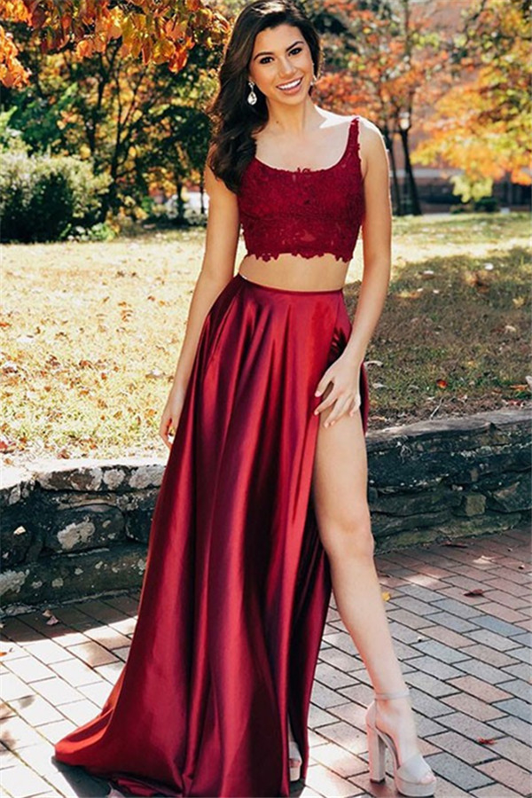 strapless open back dress Gorgeous Spaghetti Straps Lace Long Prom Dresses with Slit