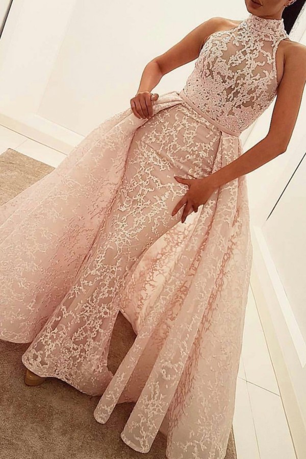 Popular Illusion Sleeveless High-Neck Unique Lace Sheath Puffy Overskirt Prom Dress UK jj0157