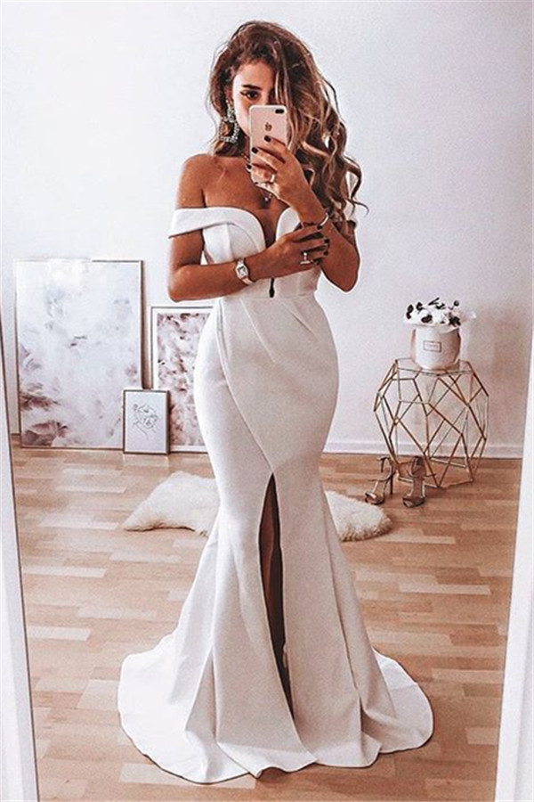 Elegant Off-the-Shoulder Split Front Sexy Mermaid Lace Wedding Dress-27Dress.co.uk