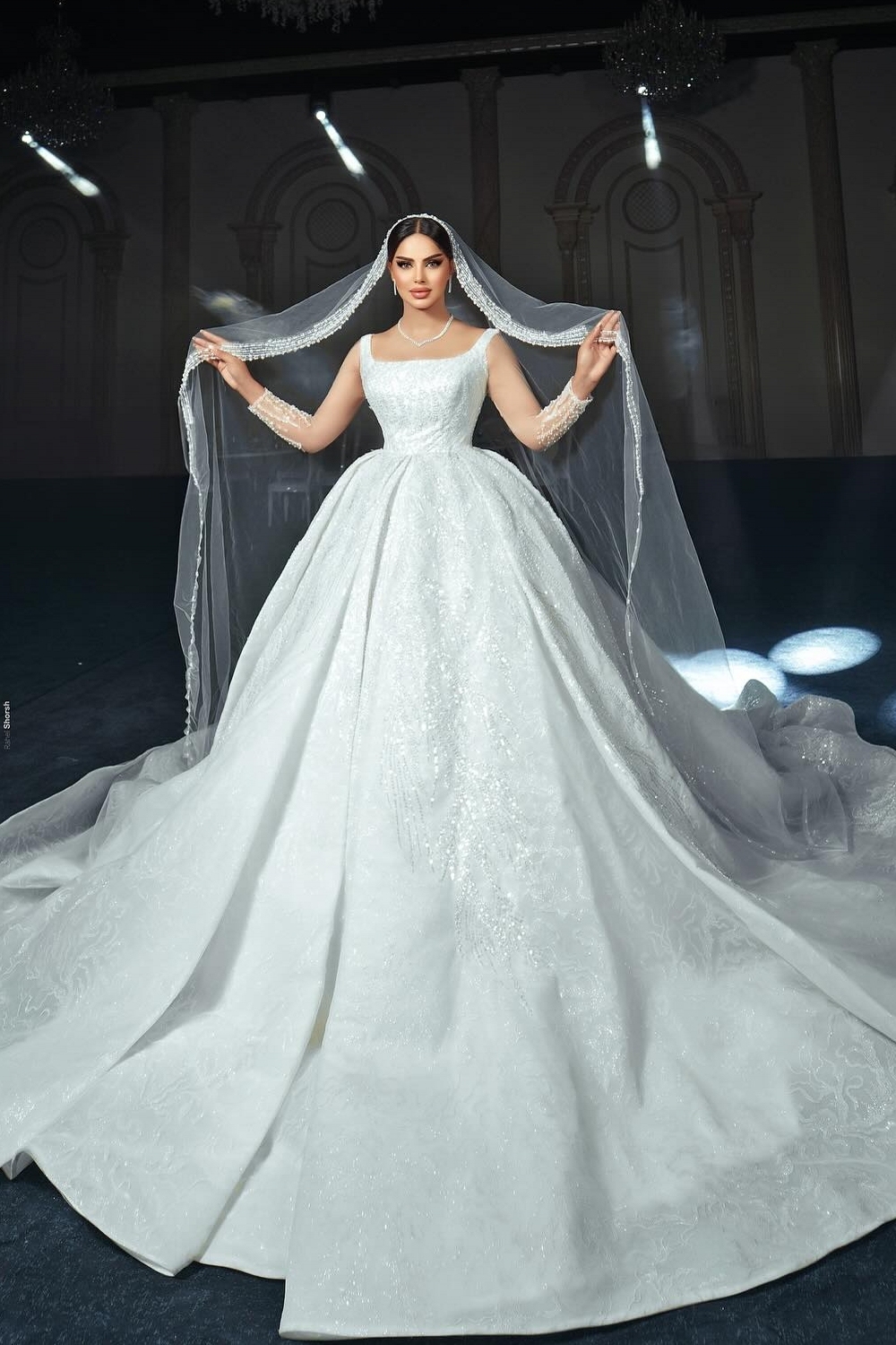 White Square Neckline Lace Sequins Princess Wedding Dresses with Train