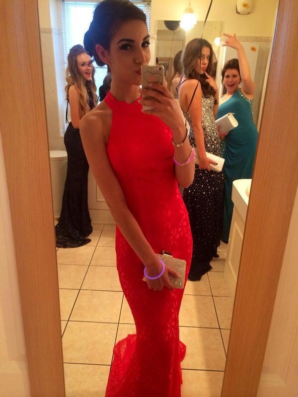 Lace Elegant Mermaid Prom Dress UK red High-neck Sleeveless Evening Gowns