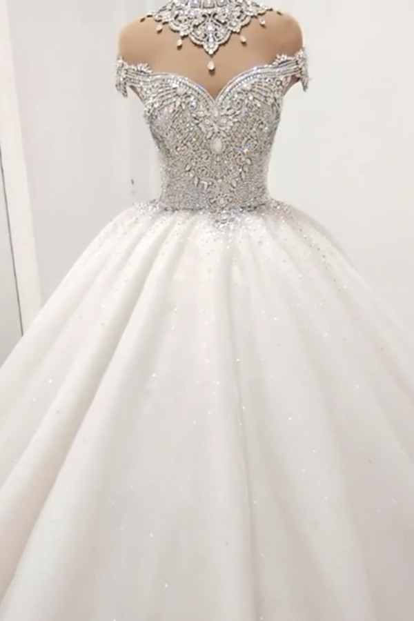 Glamorous High Neck Crystal Beads Ball Gown Wedding Dresses UK