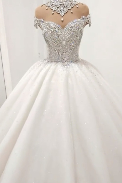 Glamorous High Neck Crystal Beads Ball Gown Wedding Dresses UK
