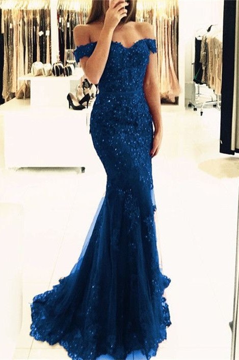 Off-the-Shoulder Prom Dress UK | Lace Appliques Evening Gowns