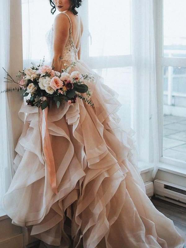 Lace Organza A-Line Sleeveless Sweep Train Sweetheart Ruffles Wedding Dresses UK