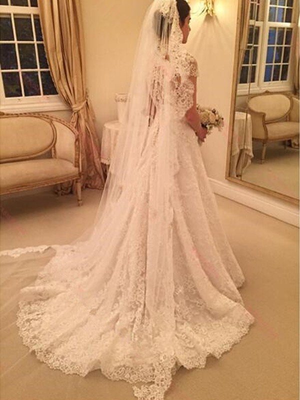 Court Train A-Line Short Sleeves Lace Sweetheart Wedding Dresses UK