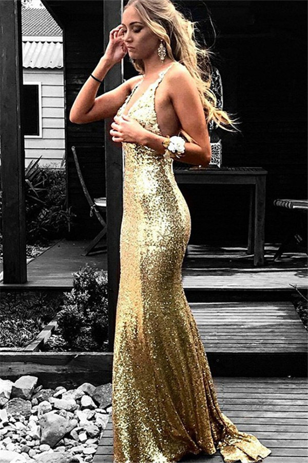 Gold Sequins Halter Prom Dress UKes UK Mermaid Open Back Sleeveless Evening Dress UKes UK