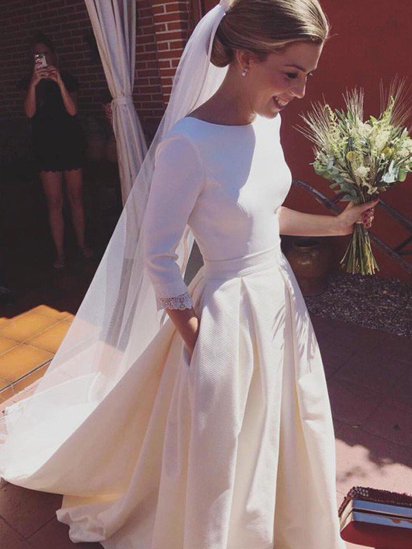 Sweep Train Ruffles A-Line Scoop Neckline Satin 3/4 Sleeves Wedding Dresses UK