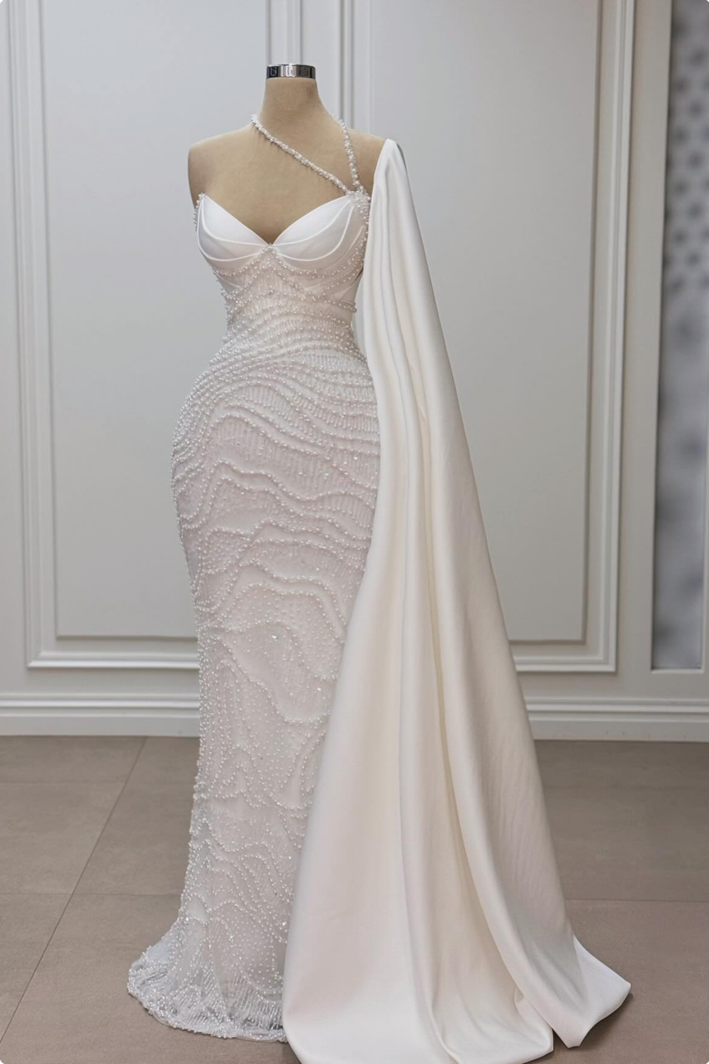 Unique Halter Sweetheart Pearl Mermaid Prom Dresses Floor-length