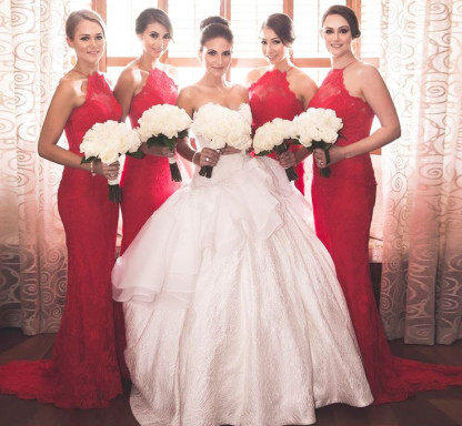 Elegant Halter Sleeveless Mermaid Red Bridesmaid Dress UK Sweep Train