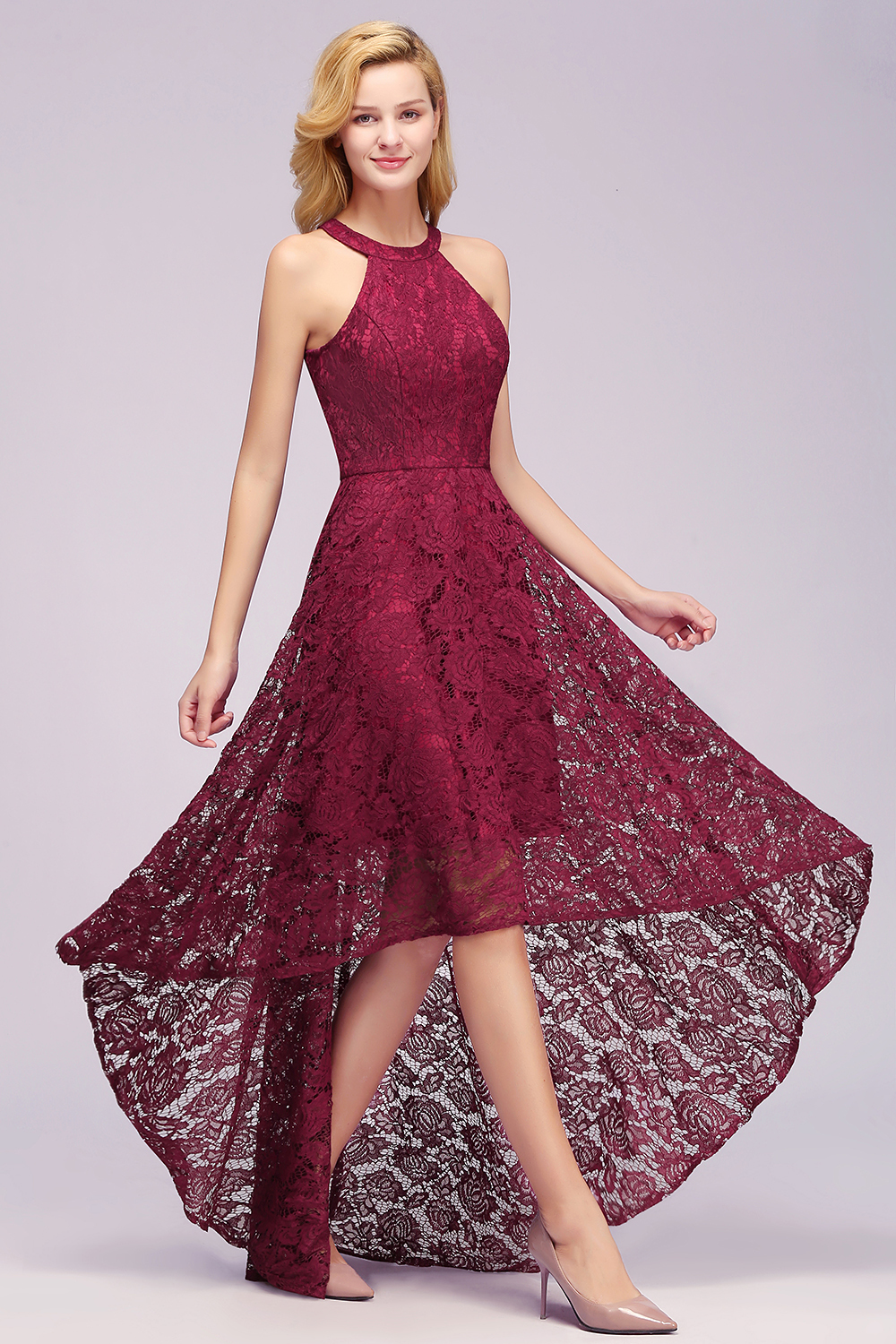 Halter Hi-Lo Party Dress Floral Lace Formal Wear Dress
