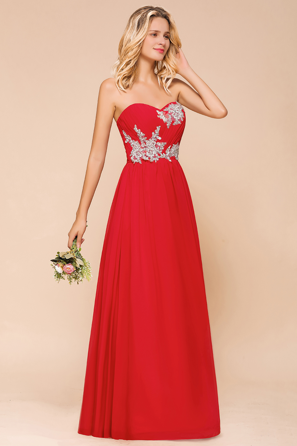 Stylish Sweetheart Red Bridesmaid Dress with Floral Appliques