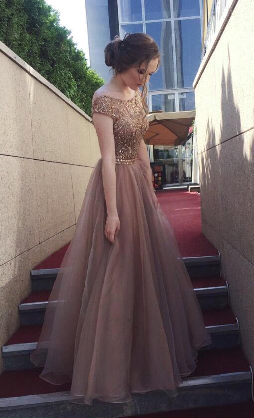 Chocolate Crystals A-Line Tulle Sweep Train Prom Dress UK-27Dress.co.uk