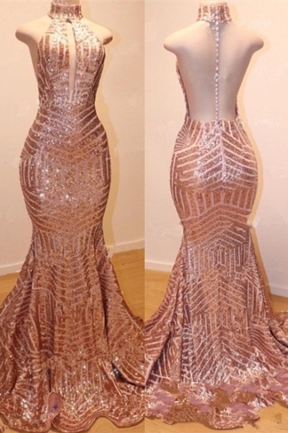 Shiny High Neck Sleeveless Sequins Elegant Trumpt Prom Dress UKes UK UK