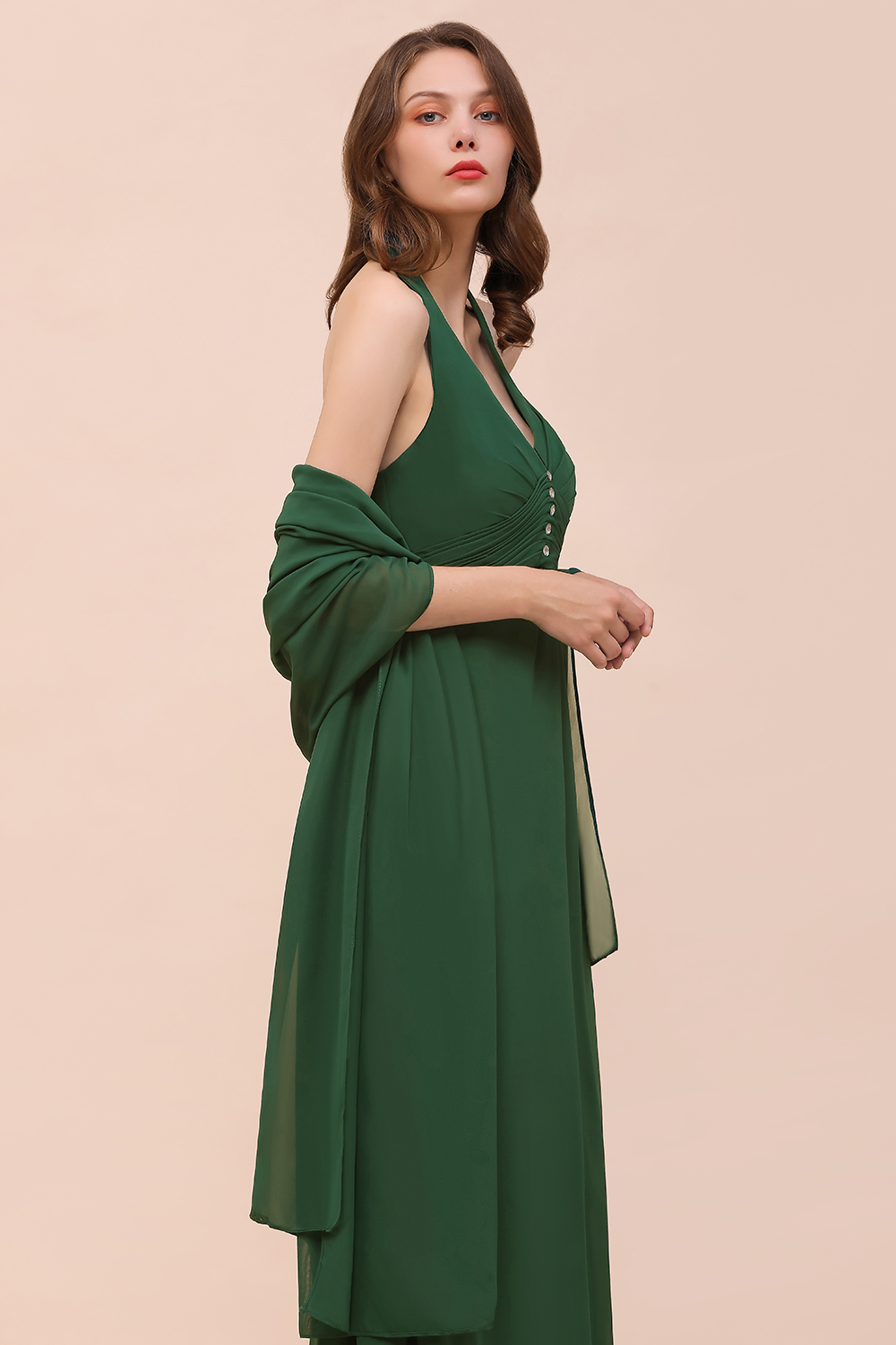 Dark Green Halter Ruched Chiffon Beadings Long Bridesmaid Dresses with Shawl