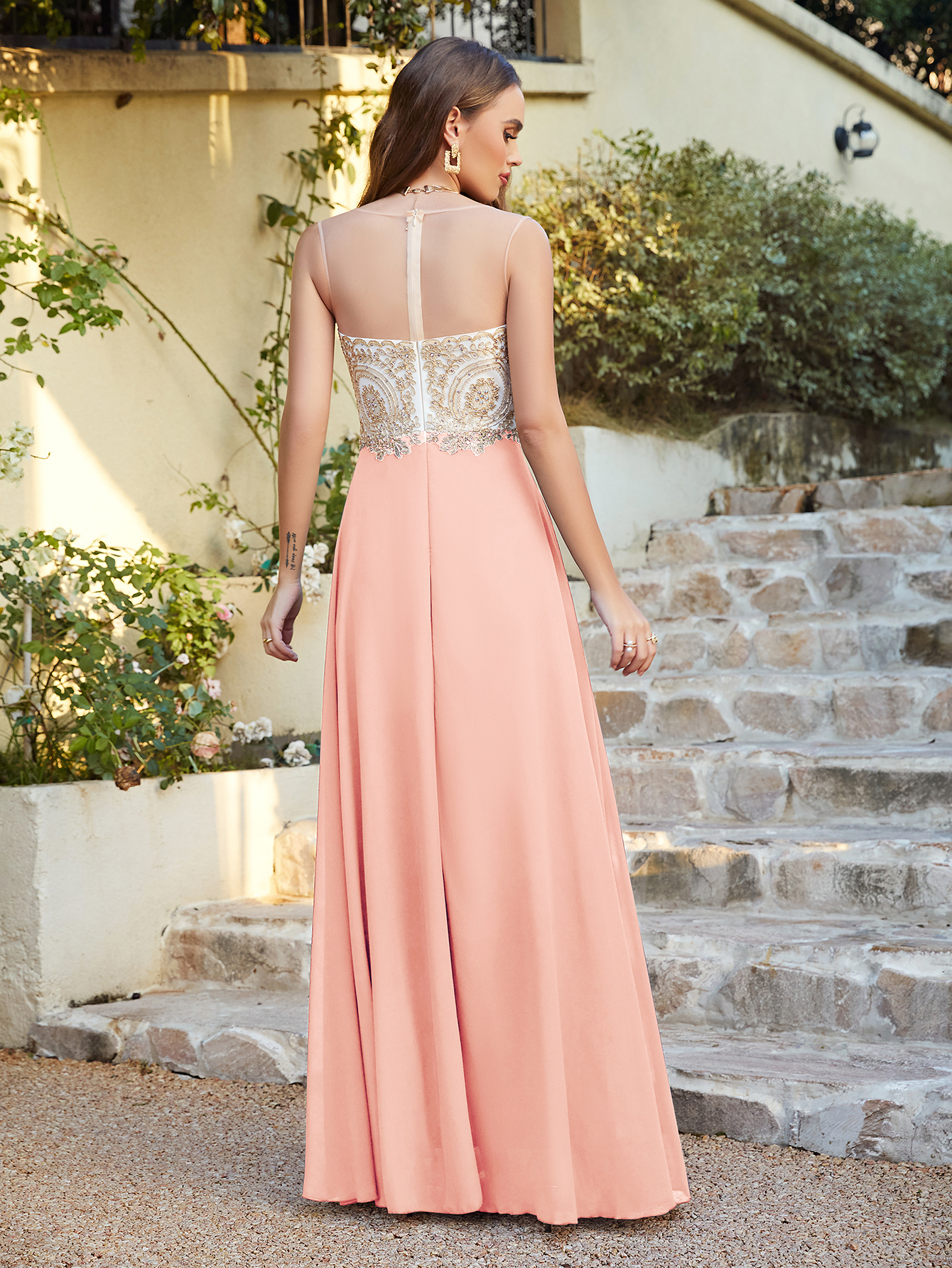 Elegant Jewel Neck Chiffon Formal Dress Floor Length A-line Lace Appliques Bridesmaid Dresses