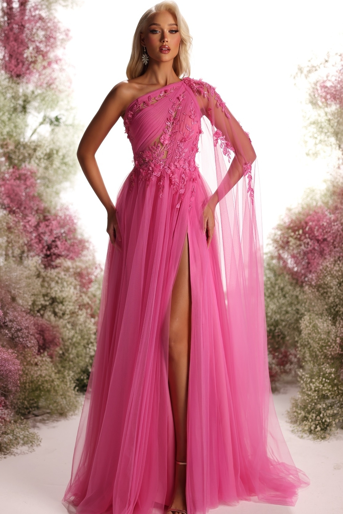 Unique One Shoulder Tulle Appliques Lace A-Line Prom Dresses Split Front