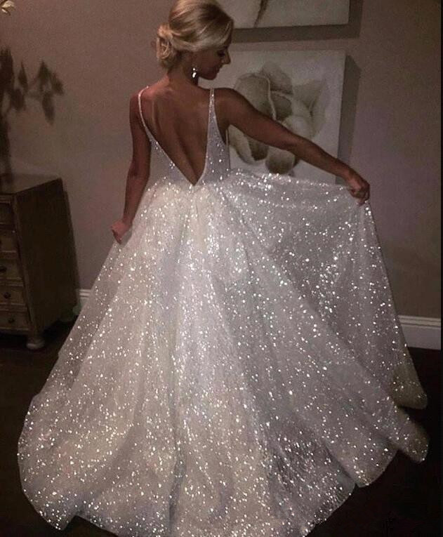 Sparkly Sequins Prom Dress UK | Backless White A-Line Evening Gowns