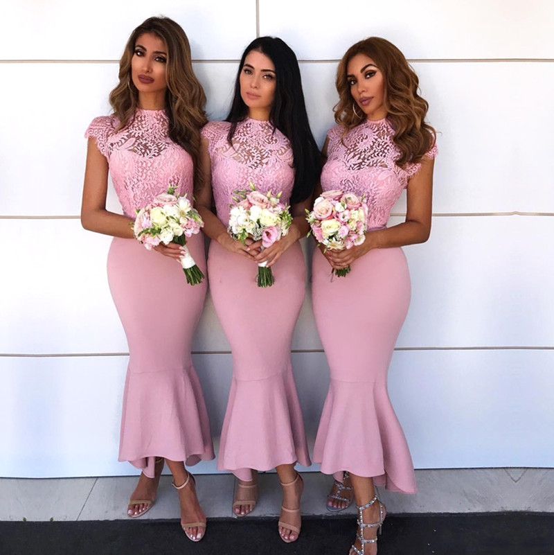 Pink Mermaid Bridesmaid Dress UK | Lace Cap Sleeve Wedding Reception Dress UK-27Dress.co.uk