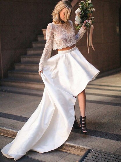 Two Piece A-Line Satin Long Sleeves Lace Scoop Neckline Sweep Train Wedding Dresses UK