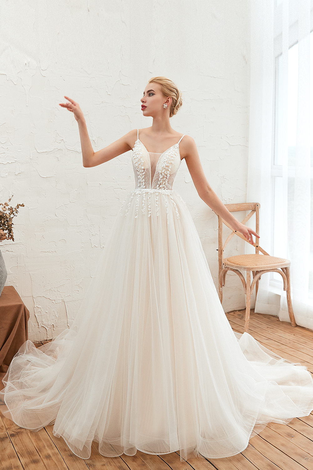 Spaghetti Straps Plunging V-neck Wedding Dress