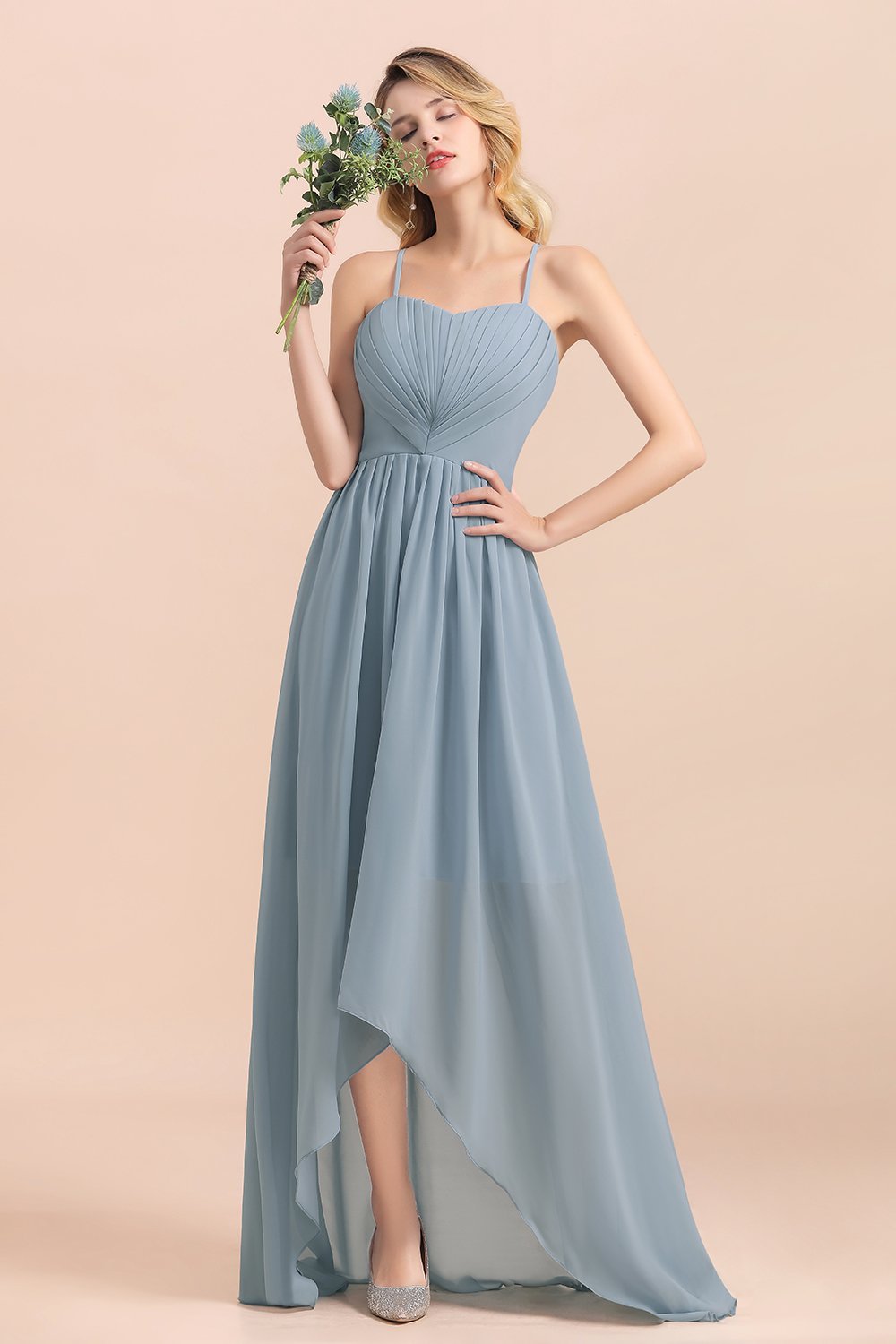 Stylish Halter Dusty Blue Hi-Lo Bridesmaid Dresses Backless Wedding Guest Dress