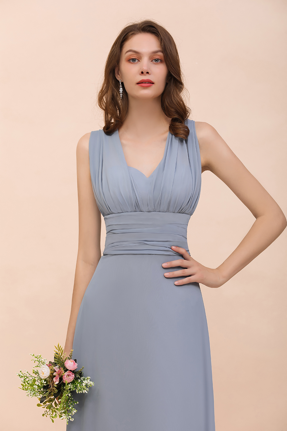 Elegant Dusty Blue Chiffon Long Bridesmaid Dress