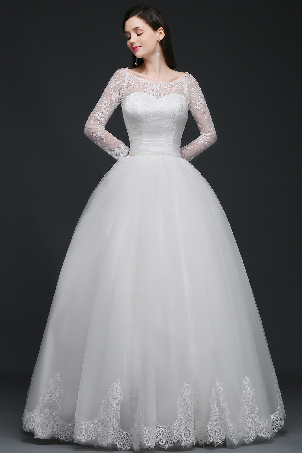 Elegant Princess Wedding Dress with Sleeves Scoop Tulle White-27Dress.co.uk